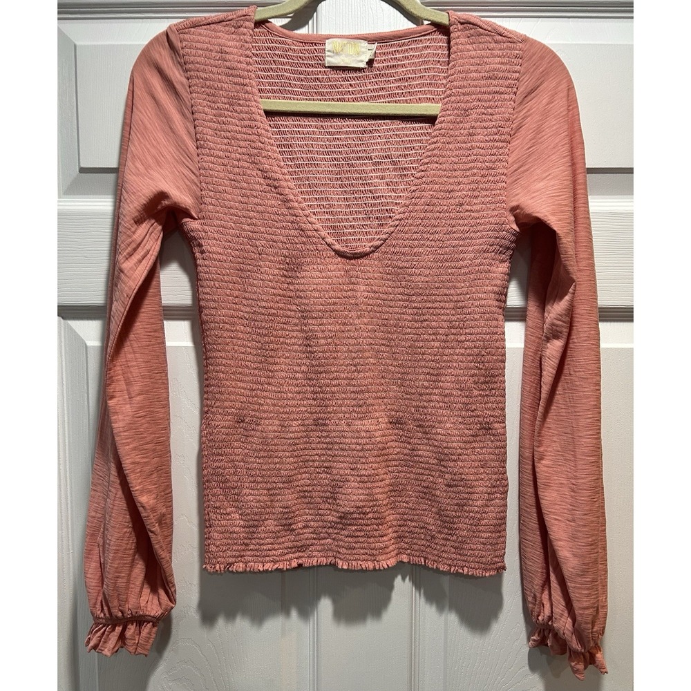 Long Puffy Sleeve Ruched Fitted Low V Neck Top Nation Brand Pink Bunny Size M